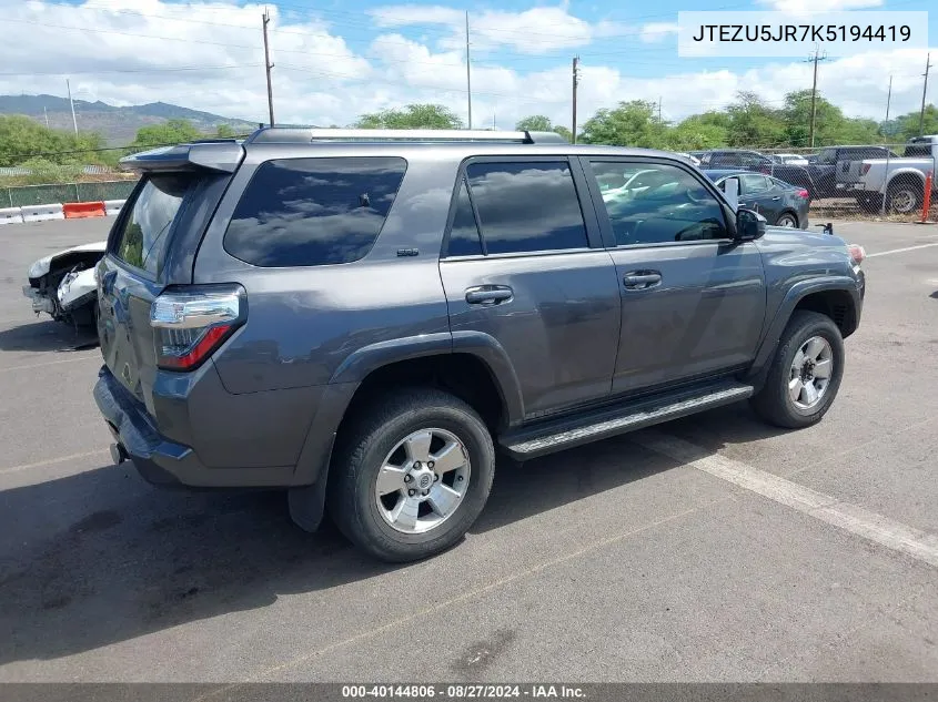 2019 Toyota 4Runner Sr5 VIN: JTEZU5JR7K5194419 Lot: 40144806