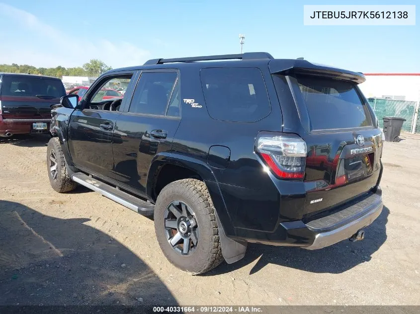 2019 Toyota 4Runner Trd Off Road Premium VIN: JTEBU5JR7K5612138 Lot: 40331664