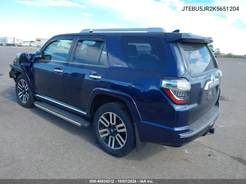 2019 Toyota 4Runner Limited VIN: JTEBU5JR2K5651204 Lot: 40534312