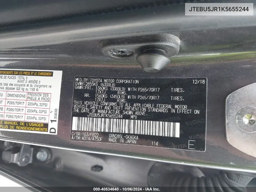 JTEBU5JR1K5655244 2019 Toyota 4Runner Sr5