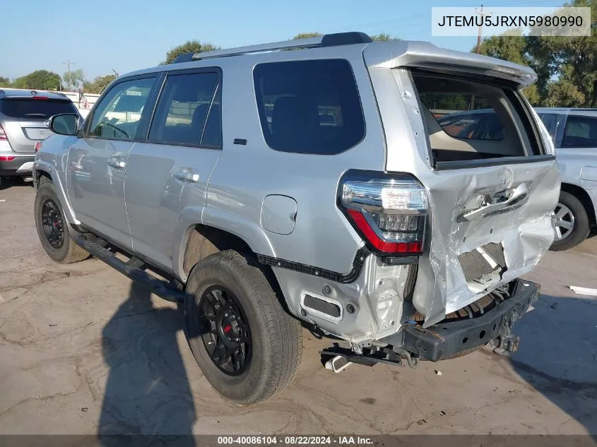 2022 Toyota 4Runner Sr5 VIN: JTEMU5JRXN5980990 Lot: 40086104