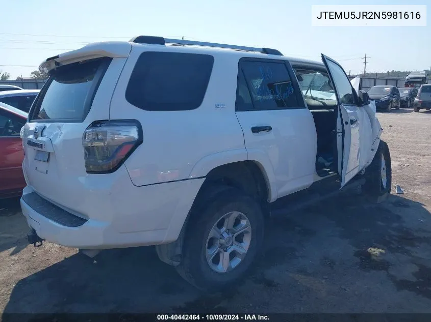 2022 Toyota 4Runner Sr5 VIN: JTEMU5JR2N5981616 Lot: 40442464