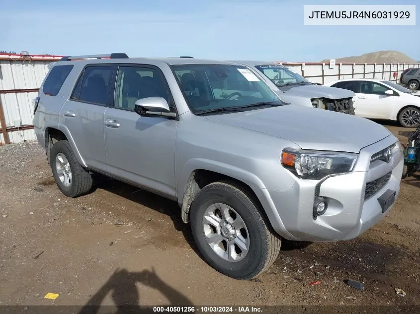 2022 Toyota 4Runner Sr5 VIN: JTEMU5JR4N6031929 Lot: 40501256