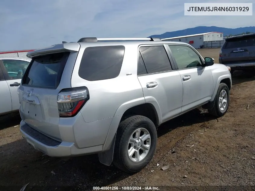 2022 Toyota 4Runner Sr5 VIN: JTEMU5JR4N6031929 Lot: 40501256