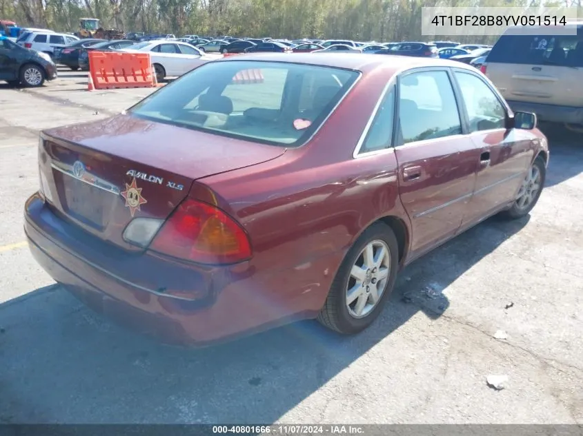 2000 Toyota Avalon Xls VIN: 4T1BF28B8YV051514 Lot: 40801666