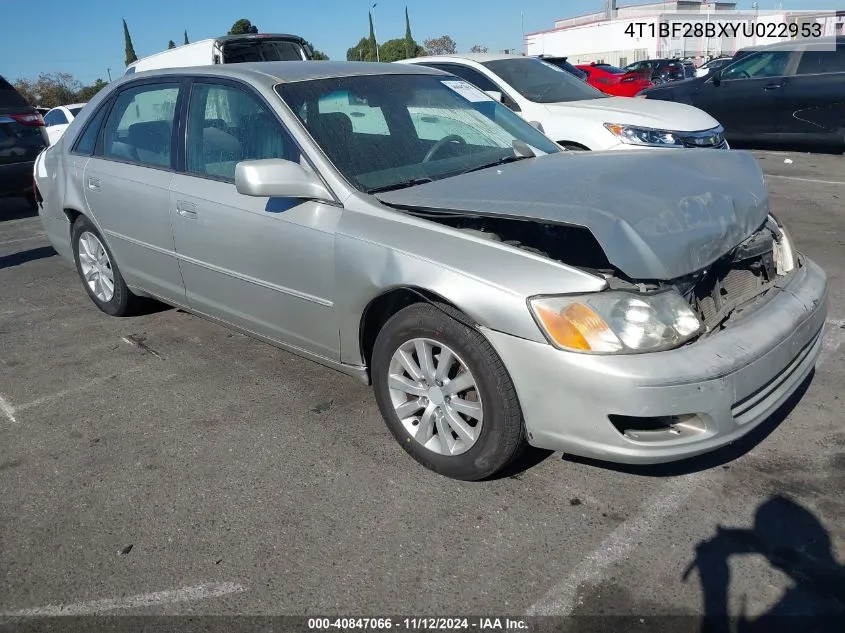 2000 Toyota Avalon Xl VIN: 4T1BF28BXYU022953 Lot: 40847066