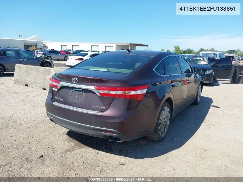 4T1BK1EB2FU138851 2015 Toyota Avalon Limited