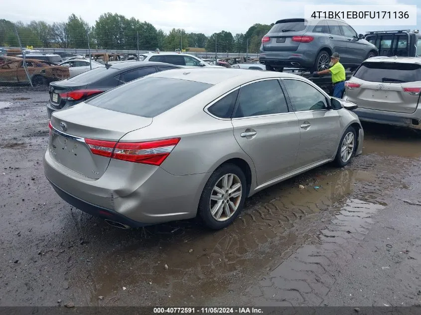 2015 Toyota Avalon Xle VIN: 4T1BK1EB0FU171136 Lot: 40772591