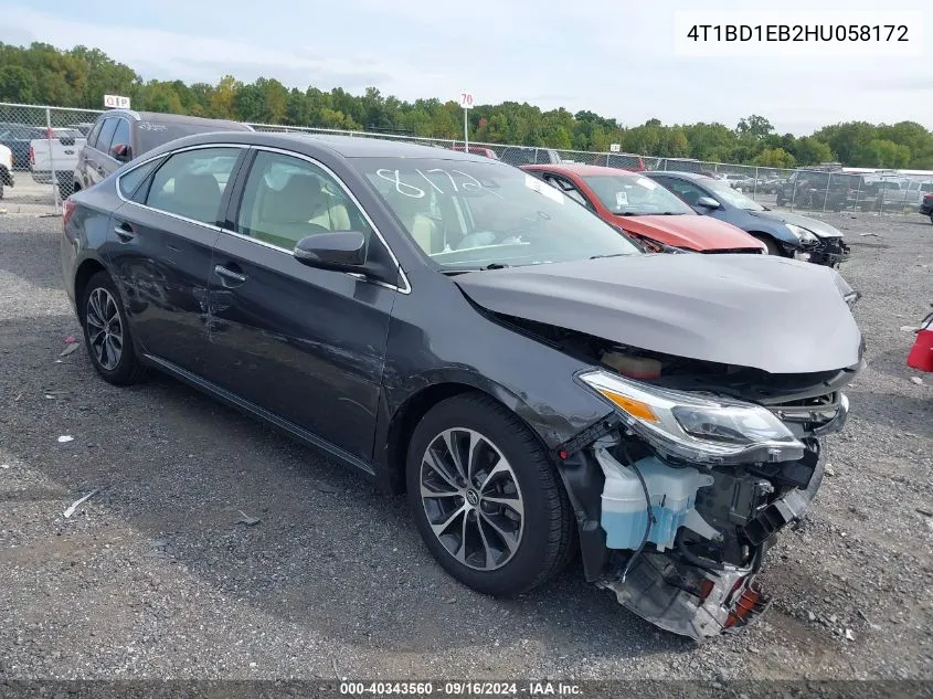 2017 Toyota Avalon Hybrid Hybrid/Plus/Xle Prem/Ltd VIN: 4T1BD1EB2HU058172 Lot: 40343560