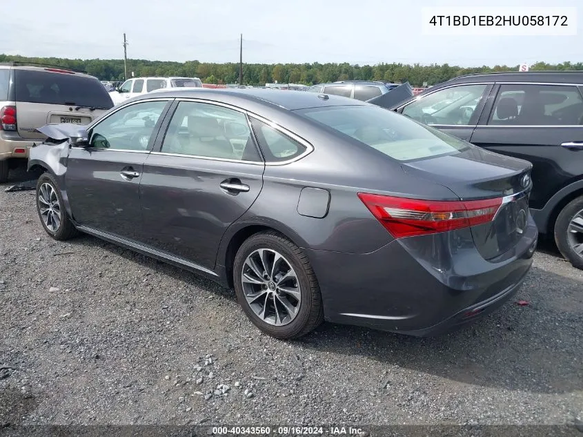 2017 Toyota Avalon Hybrid Hybrid/Plus/Xle Prem/Ltd VIN: 4T1BD1EB2HU058172 Lot: 40343560