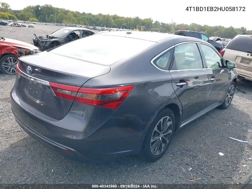 2017 Toyota Avalon Hybrid Hybrid/Plus/Xle Prem/Ltd VIN: 4T1BD1EB2HU058172 Lot: 40343560