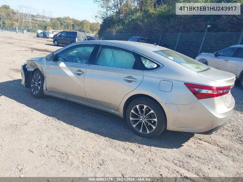 2017 Toyota Avalon Xle Premium VIN: 4T1BK1EB1HU243917 Lot: 40663175