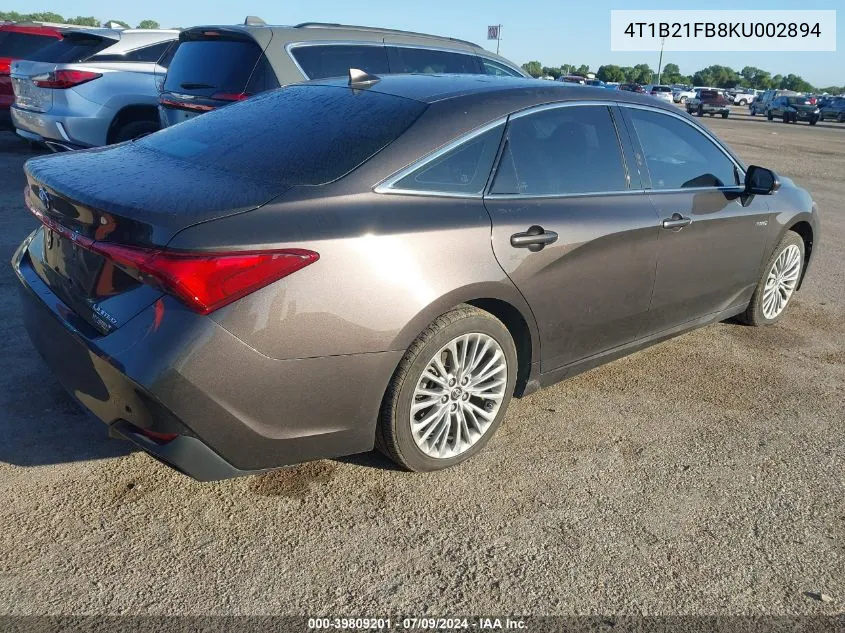 2019 Toyota Avalon Hybrid Limited VIN: 4T1B21FB8KU002894 Lot: 39809201