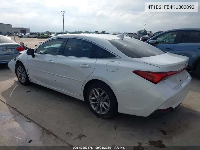 2019 Toyota Avalon Hybrid Xle VIN: 4T1B21FB4KU002892 Lot: 40257576