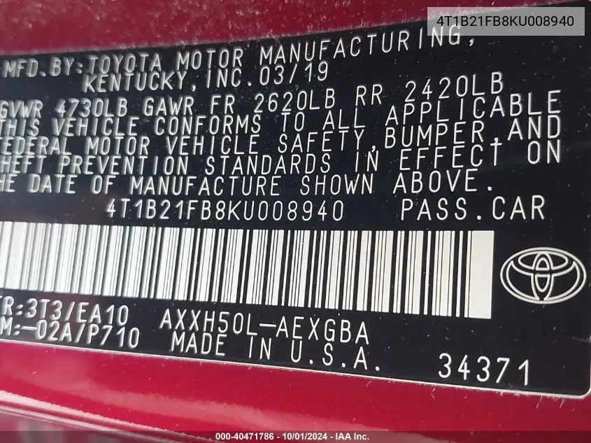 4T1B21FB8KU008940 2019 Toyota Avalon Xle/Xse/Limited