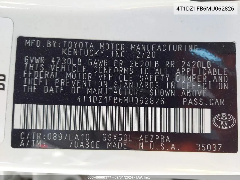 4T1DZ1FB6MU062826 2021 Toyota Avalon Limited