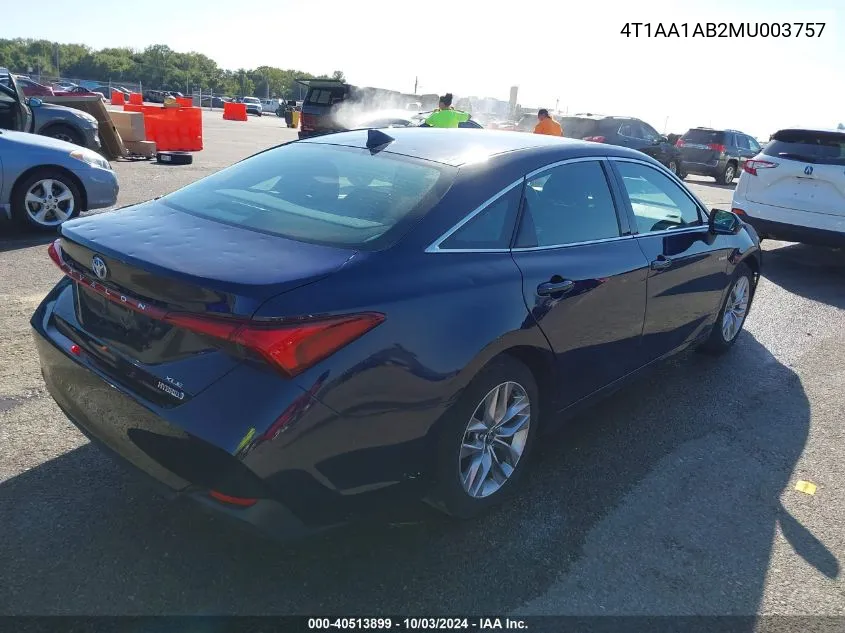 2021 Toyota Avalon Xle Hybrid VIN: 4T1AA1AB2MU003757 Lot: 40513899