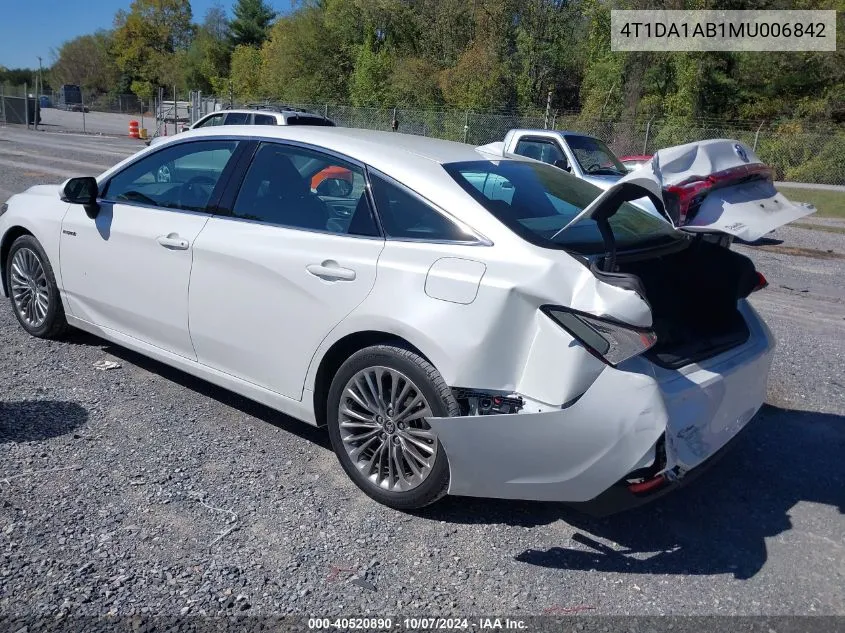 2021 Toyota Avalon Limited Hybrid VIN: 4T1DA1AB1MU006842 Lot: 40520890