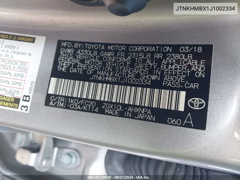 JTNKHMBX1J1002334 2018 Toyota C-Hr Xle Premium