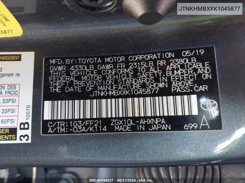 JTNKHMBXXK1045877 2019 Toyota C-Hr Xle/Le/Limited