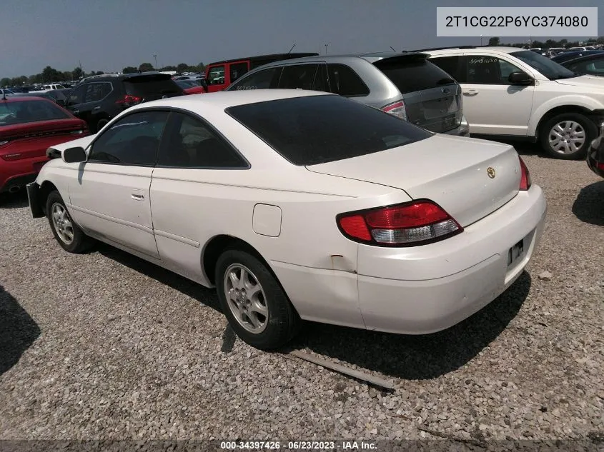 2000 Toyota Camry Solara Se VIN: 2T1CG22P6YC374080 Lot: 34397426