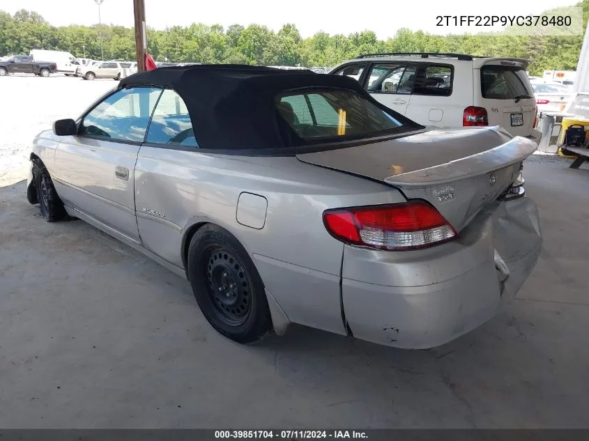 2000 Toyota Camry Solara Sle V6 VIN: 2T1FF22P9YC378480 Lot: 39851704