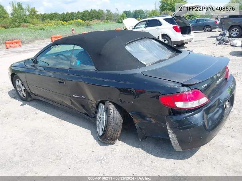 2000 Toyota Camry Solara Sle V6 VIN: 2T1FF22P9YC408576 Lot: 40196211