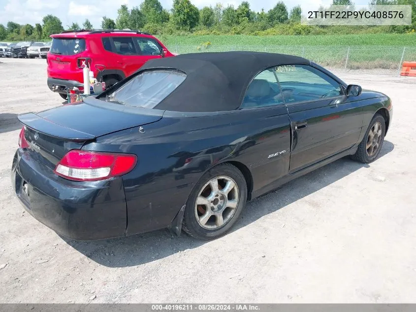 2000 Toyota Camry Solara Sle V6 VIN: 2T1FF22P9YC408576 Lot: 40196211