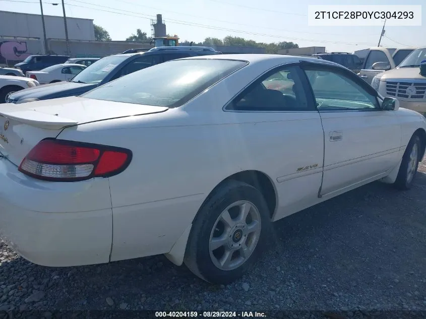 2000 Toyota Camry Solara Sle V6 VIN: 2T1CF28P0YC304293 Lot: 40204159