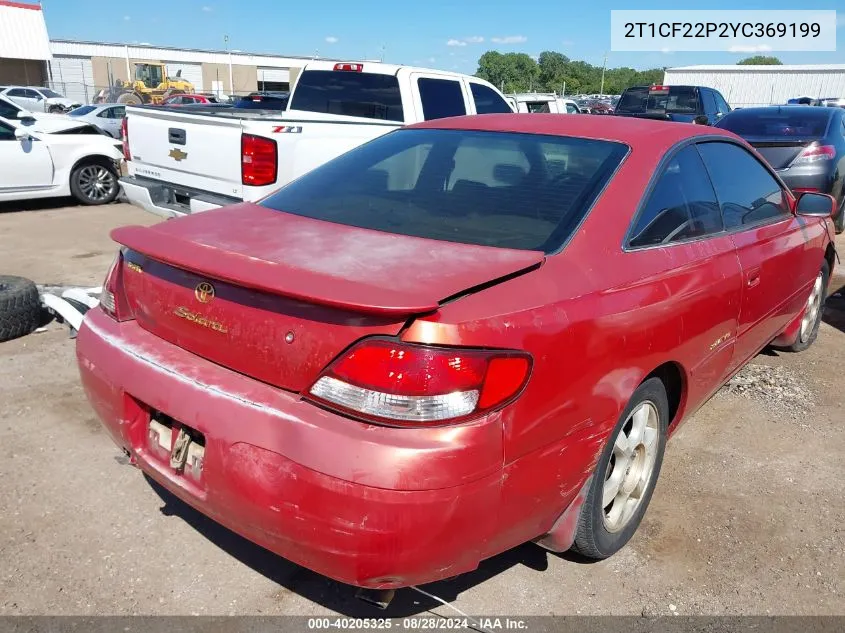 2000 Toyota Camry Solara Sle V6 VIN: 2T1CF22P2YC369199 Lot: 40205325