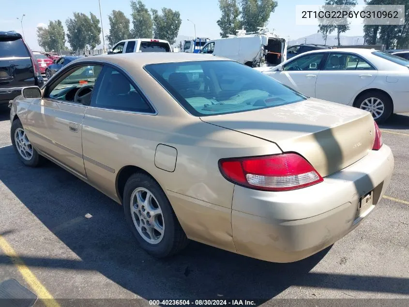 2000 Toyota Camry Solara Se VIN: 2T1CG22P6YC310962 Lot: 40236504