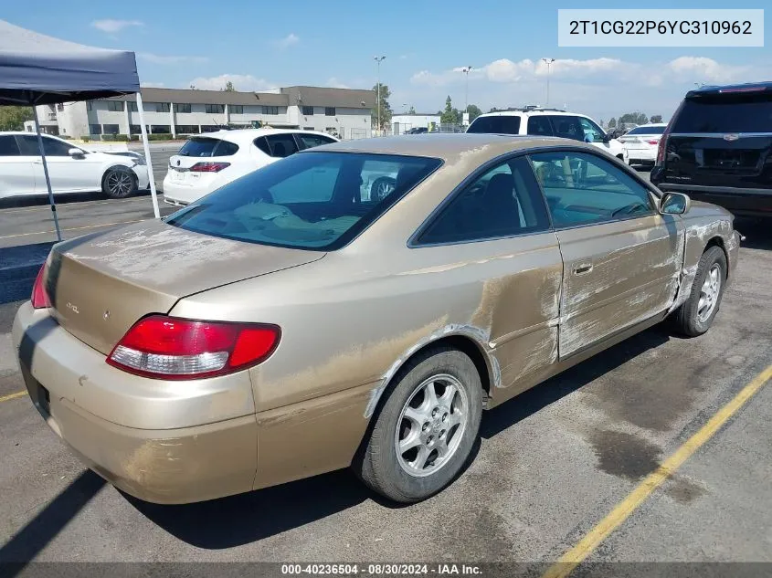 2000 Toyota Camry Solara Se VIN: 2T1CG22P6YC310962 Lot: 40236504