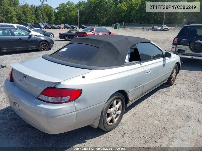 2000 Toyota Camry Solara Sle V6 VIN: 2T1FF28P4YC386249 Lot: 40251512