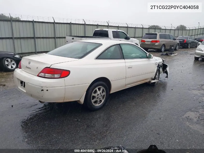 2000 Toyota Camry Solara Se VIN: 2T1CG22P0YC404058 Lot: 40415892