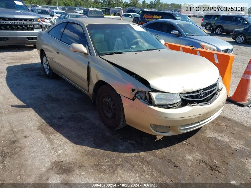 2000 Toyota Camry Solara Se V6 VIN: 2T1CF22P0YC375308 Lot: 40709254