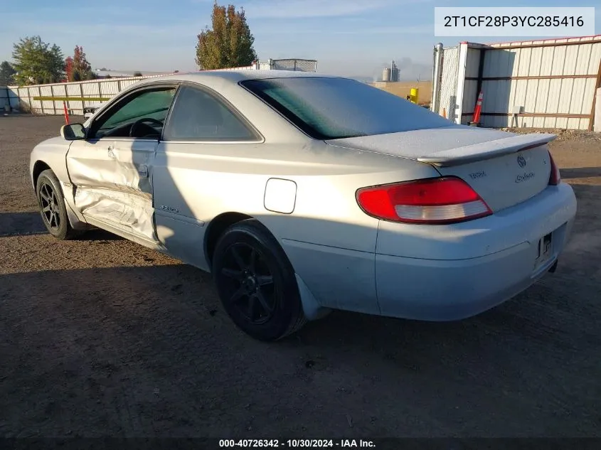 2000 Toyota Camry Solara Se V6 VIN: 2T1CF28P3YC285416 Lot: 40726342