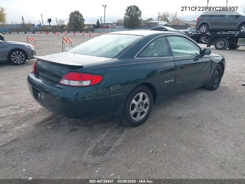 2000 Toyota Camry Solara Se/Sle VIN: 2T1CF22P8YC285937 Lot: 40726847