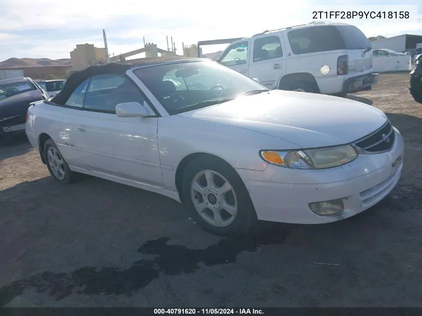 2000 Toyota Camry Solara Sle V6 VIN: 2T1FF28P9YC418158 Lot: 40791620