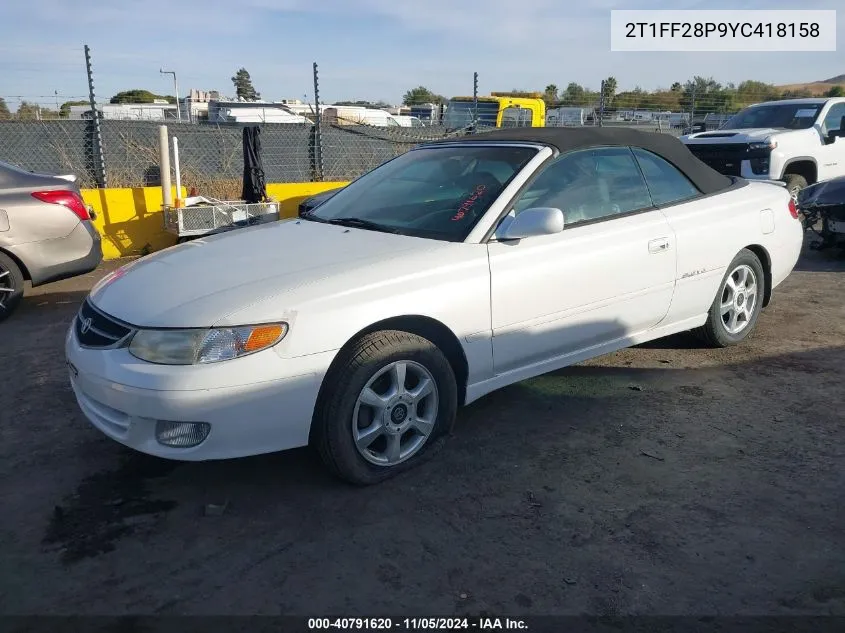 2000 Toyota Camry Solara Sle V6 VIN: 2T1FF28P9YC418158 Lot: 40791620