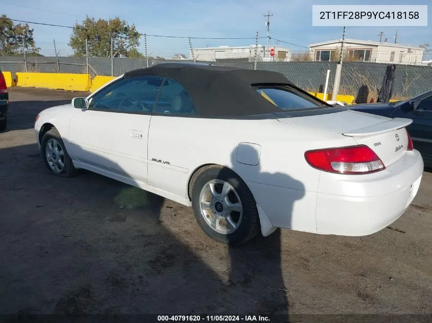 2000 Toyota Camry Solara Sle V6 VIN: 2T1FF28P9YC418158 Lot: 40791620