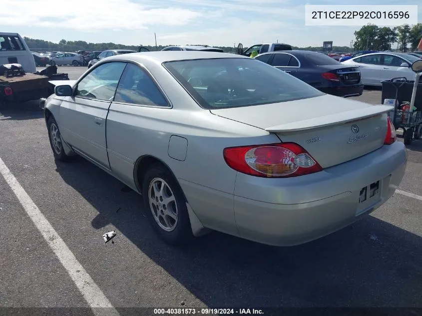 2002 Toyota Camry Solara Se VIN: 2T1CE22P92C016596 Lot: 40381573