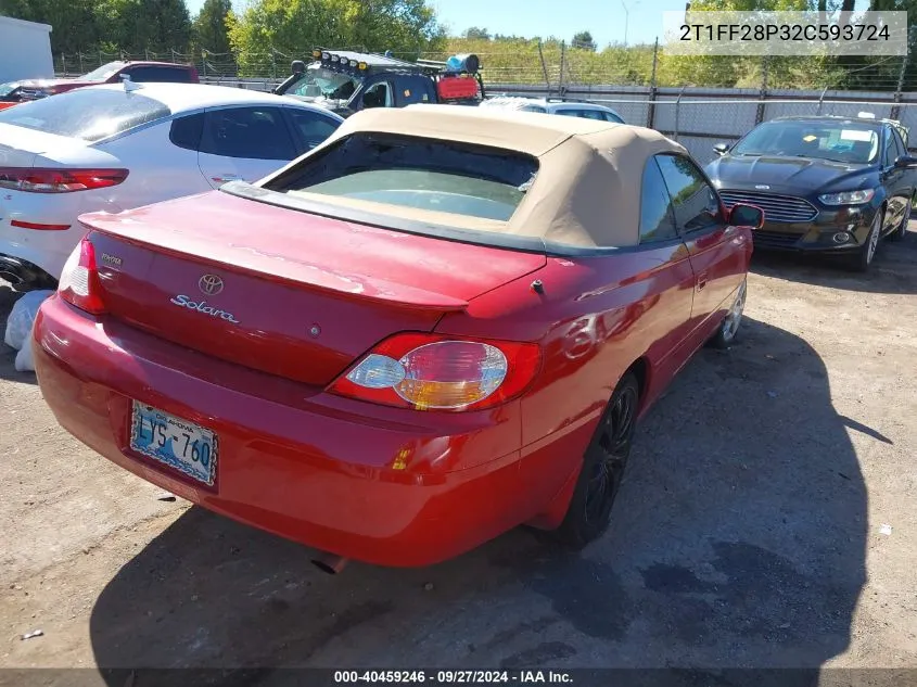 2002 Toyota Camry Solara Sle V6 VIN: 2T1FF28P32C593724 Lot: 40459246