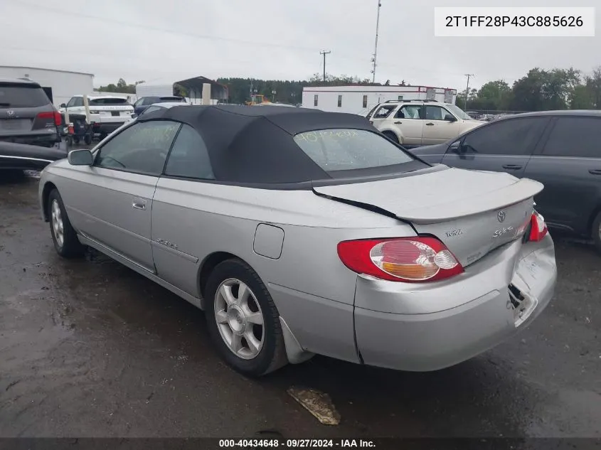 2003 Toyota Camry Solara Sle V6 VIN: 2T1FF28P43C885626 Lot: 40434648