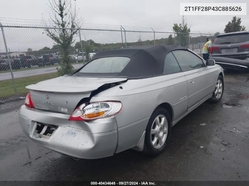 2003 Toyota Camry Solara Sle V6 VIN: 2T1FF28P43C885626 Lot: 40434648