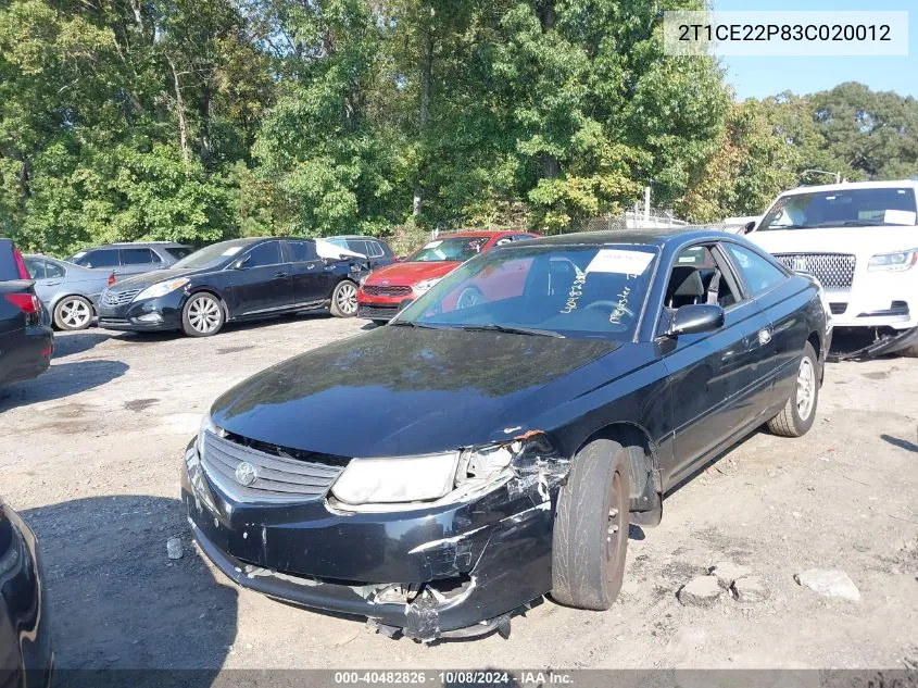 2003 Toyota Camry Solara Se VIN: 2T1CE22P83C020012 Lot: 40482826