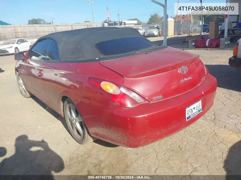 2005 Toyota Camry Solara Se VIN: 4T1FA38P45U058070 Lot: 40745726