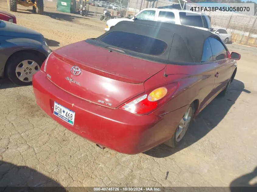 2005 Toyota Camry Solara Se VIN: 4T1FA38P45U058070 Lot: 40745726