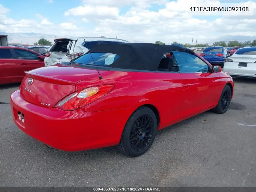 2006 Toyota Camry Solara Se VIN: 4T1FA38P66U092108 Lot: 40637028