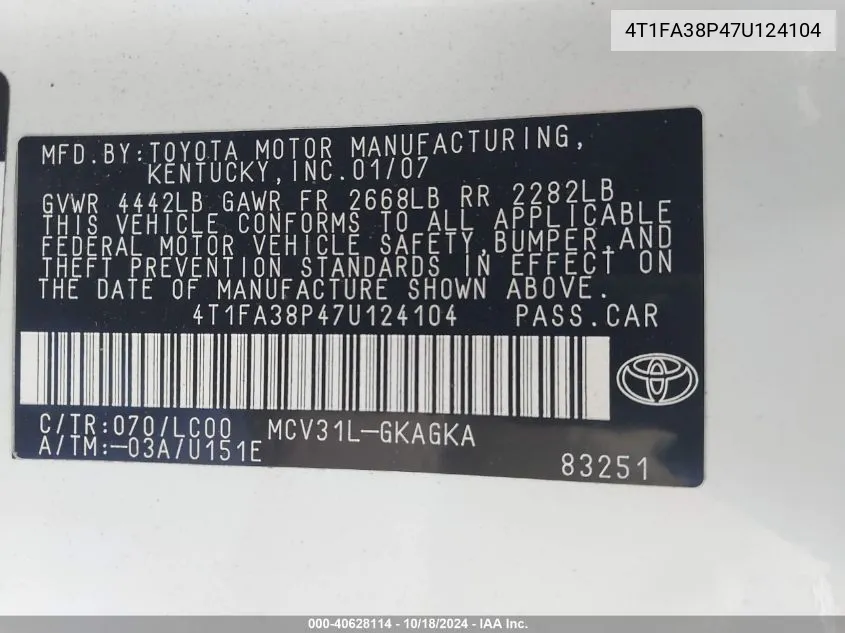 4T1FA38P47U124104 2007 Toyota Camry Solara Sle