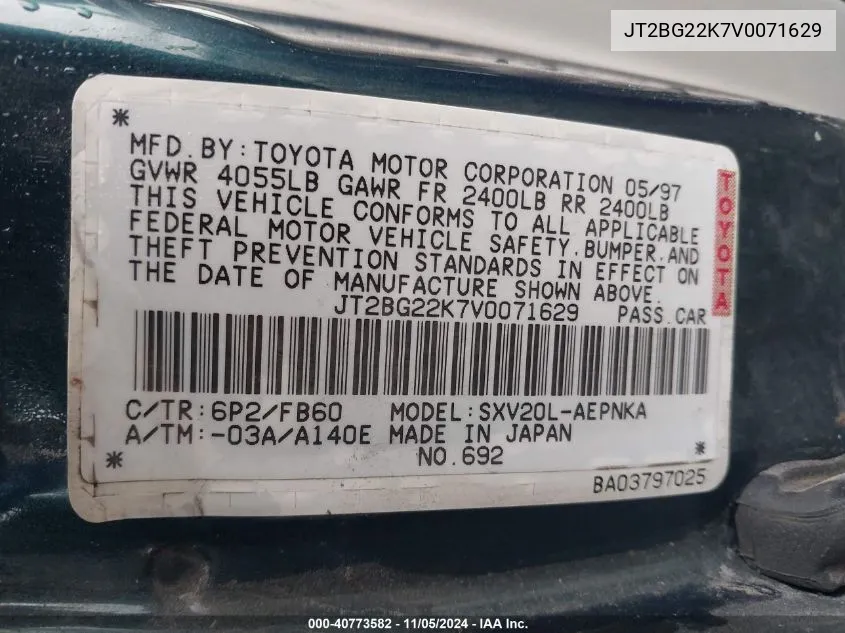 JT2BG22K7V0071629 1997 Toyota Camry Le